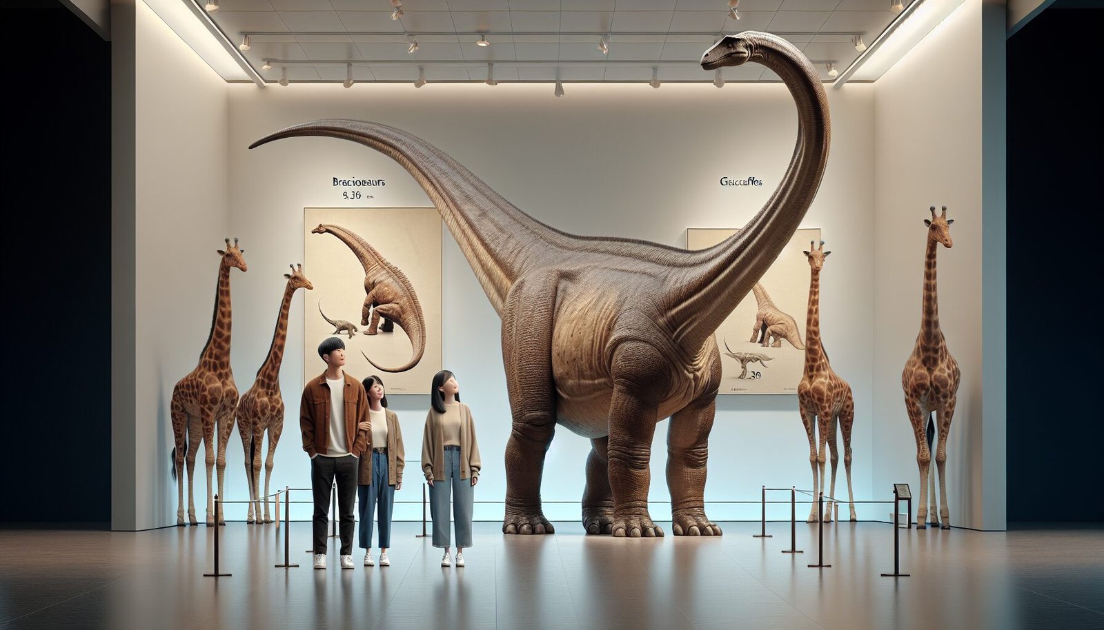 Comparaciones de tamaño con humanos/jirafas, fósiles de cuello, reconstrucciones en museos