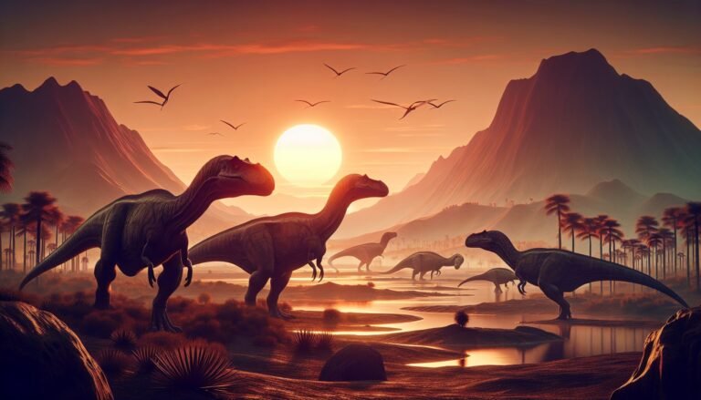 Manada de Mapusaurus al atardecer, con un Argentinosaurus a lo lejos.