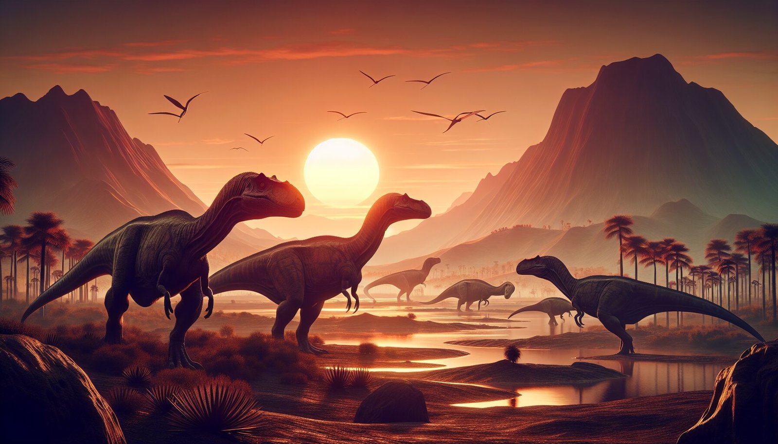 Manada de Mapusaurus al atardecer, con un Argentinosaurus a lo lejos.