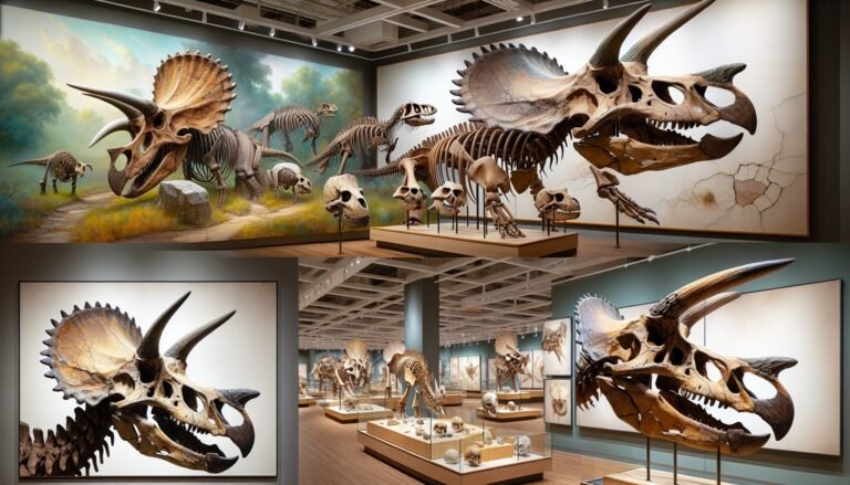 Cráneos de Triceratops, reconstrucciones artísticas, fósiles en museos.