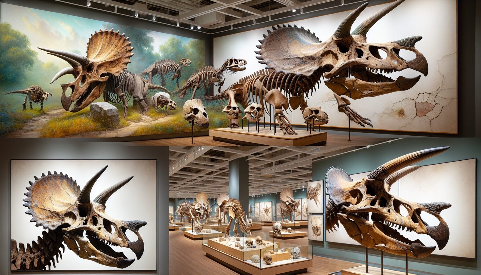 Cráneos de Triceratops, reconstrucciones artísticas, fósiles en museos.